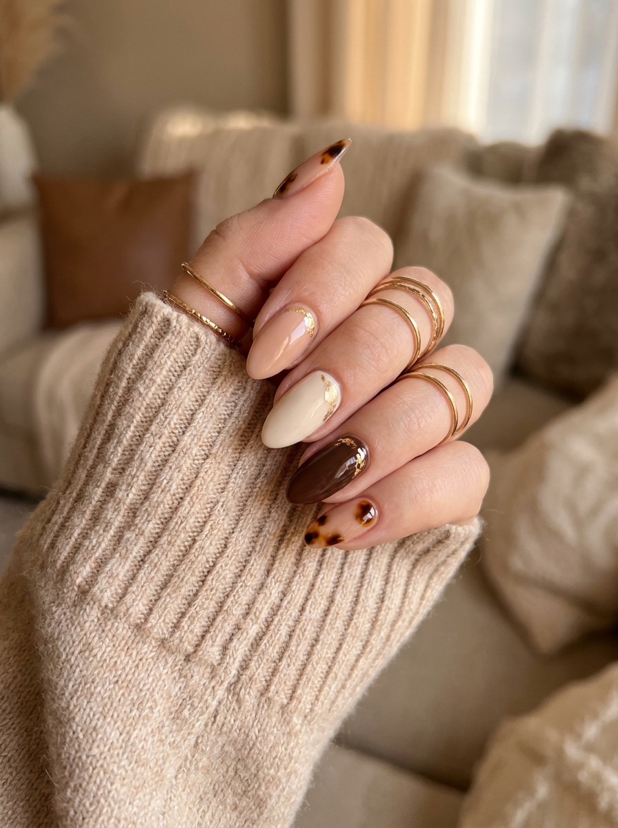 Elegant Fall Nails mit Nude, Creme und Braun als Herbstlook